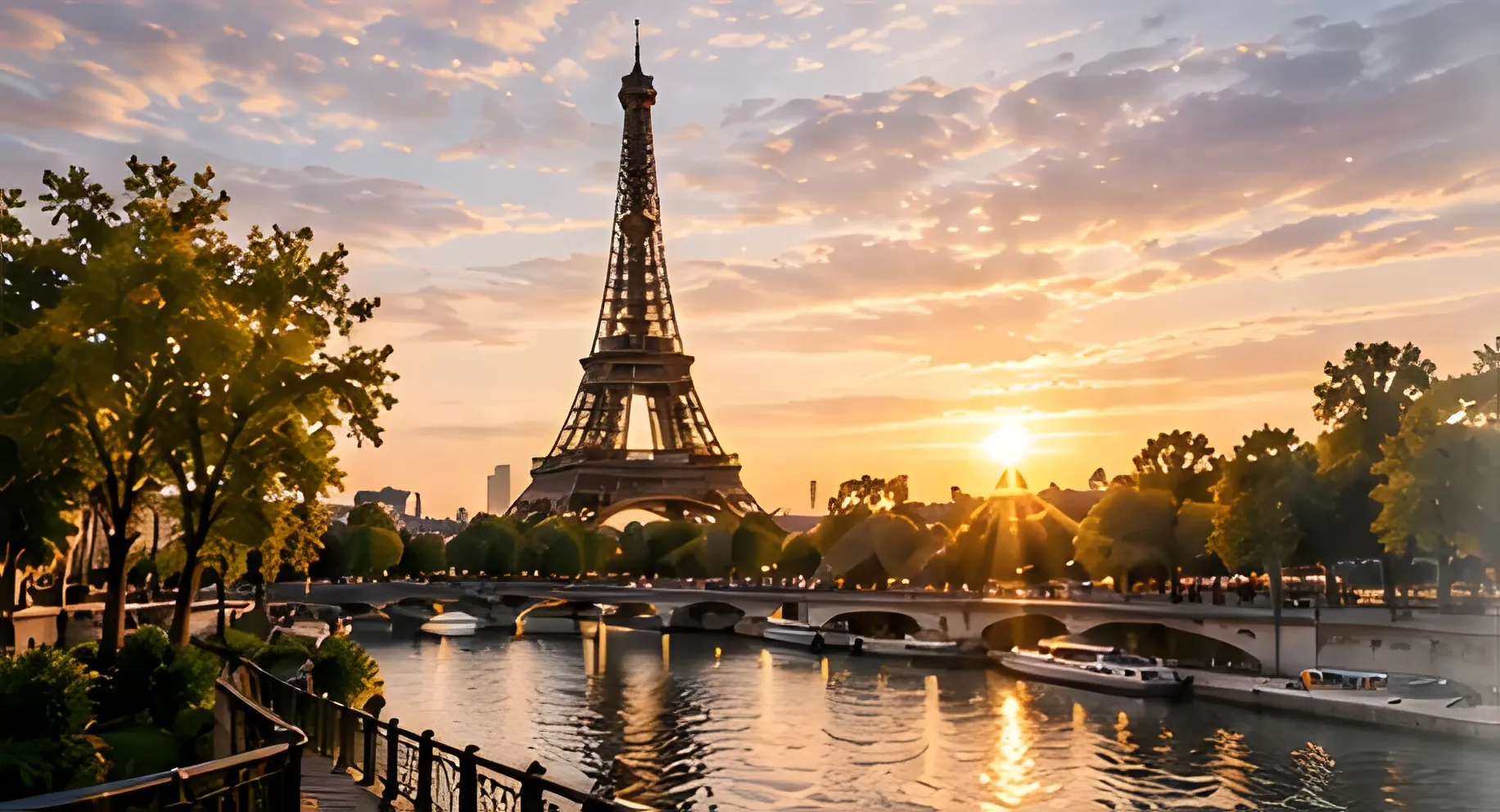 Coucher de soleil derrière la Tour Eiffel depuis les quais de Seine