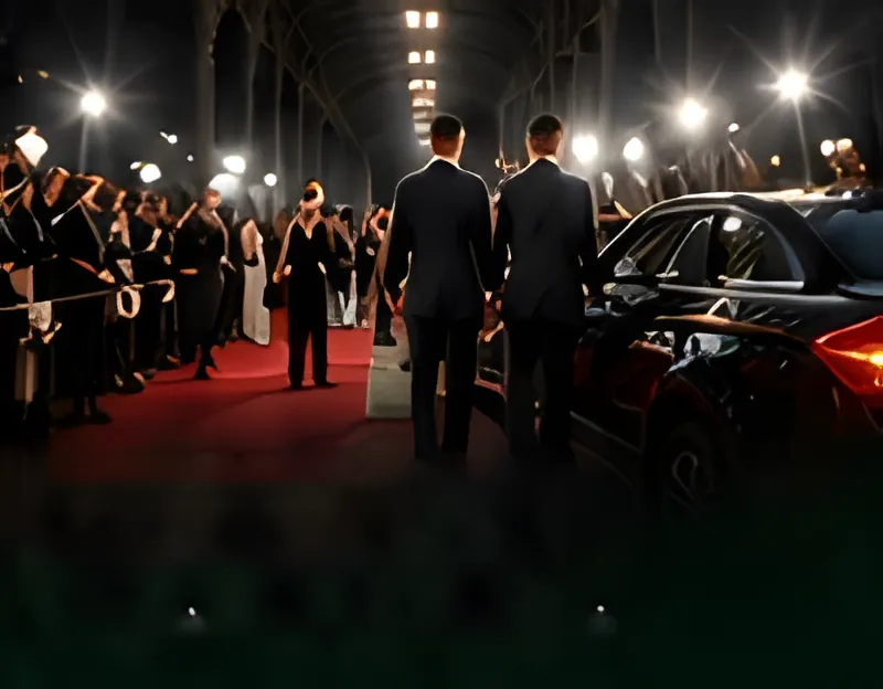 Tapis rouge, photographes et berline noire lors d’une soirée