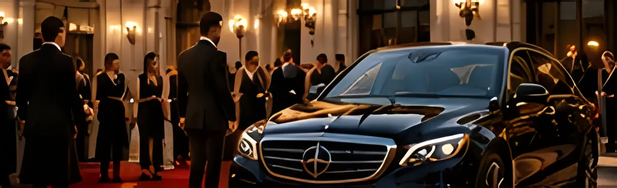 Berline Mercedes devant une réception élégante avec invités et tapis rouge
