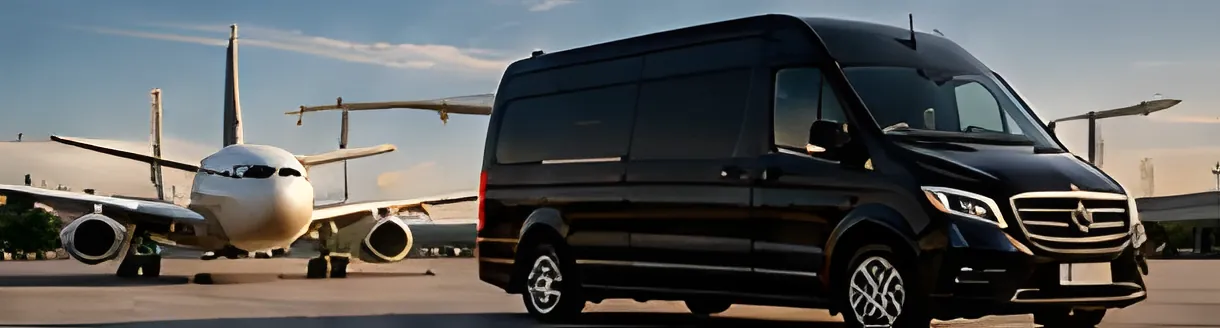 Van Mercedes noir sur le tarmac près d’un avion de ligne